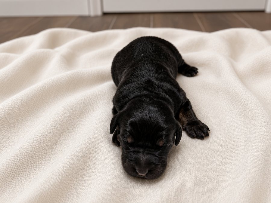 Figgy, a black and brown Bernedoodle puppy, asleep on a cream blanket